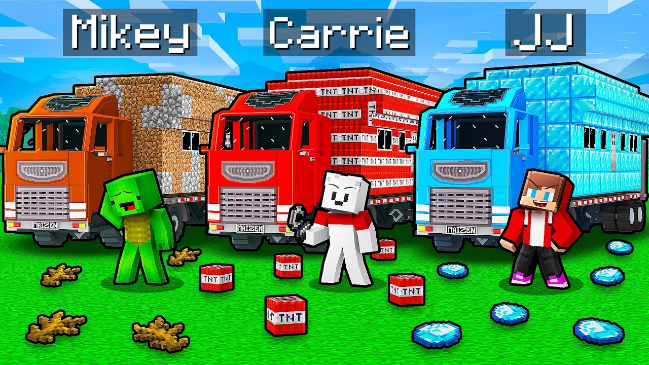 JJ vs Mikey vs Carrie: DANGEROUS TRUCK BATTLE in Minecraft - Maizen