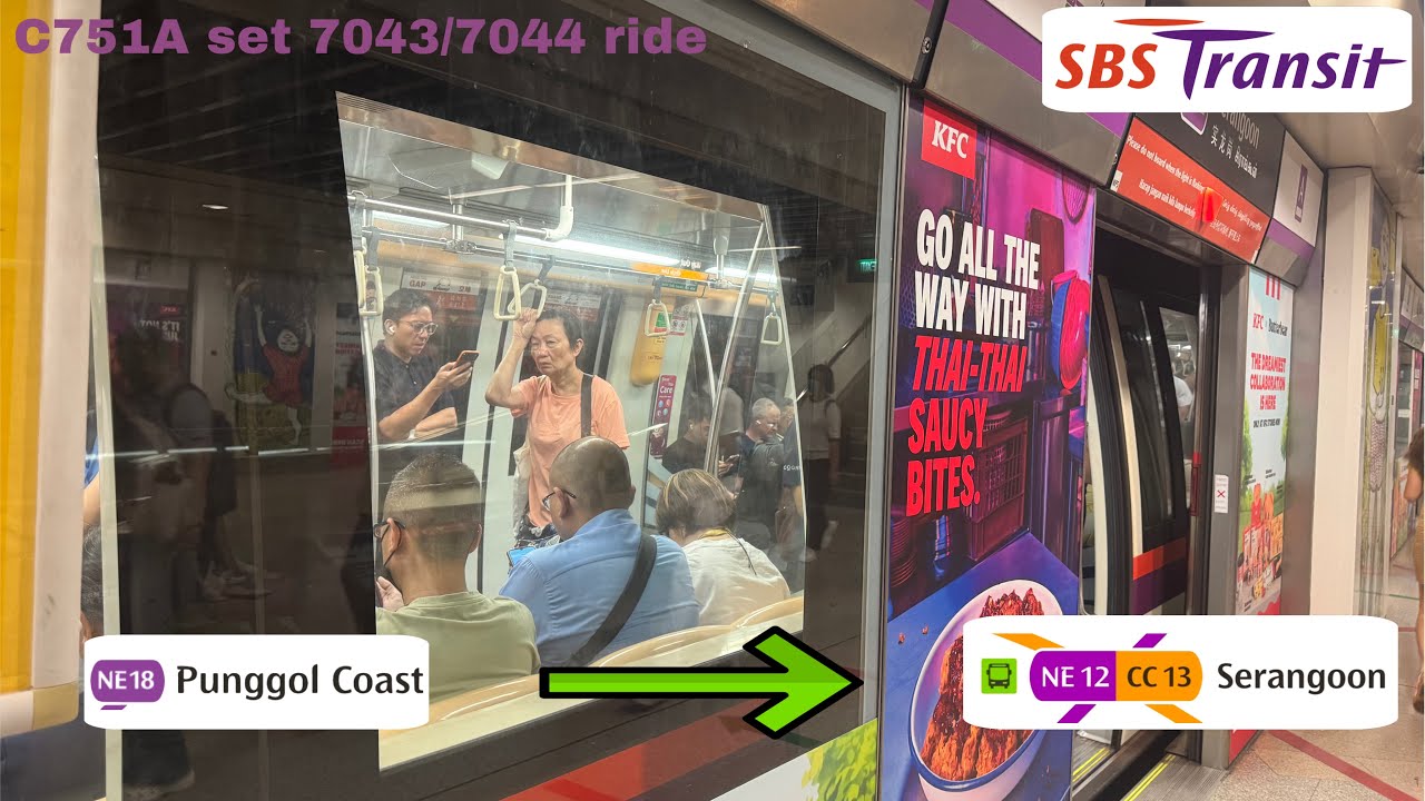 (Last unrefurbished C751A left) C751A set 7043/7044 ride from NE18 Punggol Coast to NE12 Serangoon.