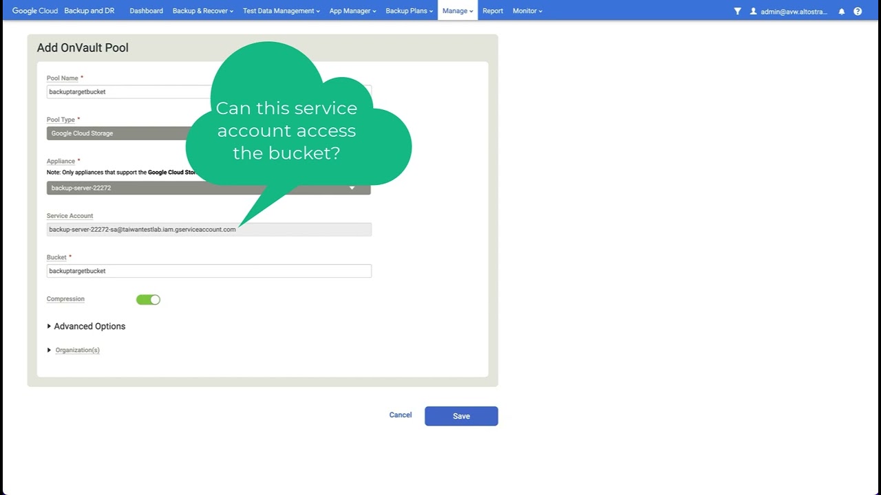 Google Cloud Backup and DR - Adding an OnVault pool to the service.