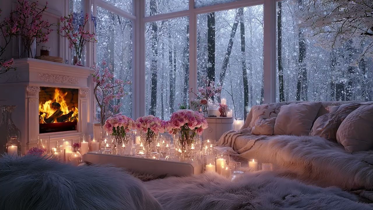 Romantic Winter Living Room Ambience with Snowy Wind - Cozy Fireplace Crackling for Deep Relaxation