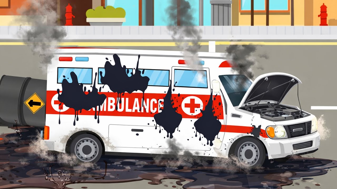 Oil Spill Damages an Ambulance 🚑🛢️ | Emergency Vehicle Breakdown in the City | Vehicles Animation