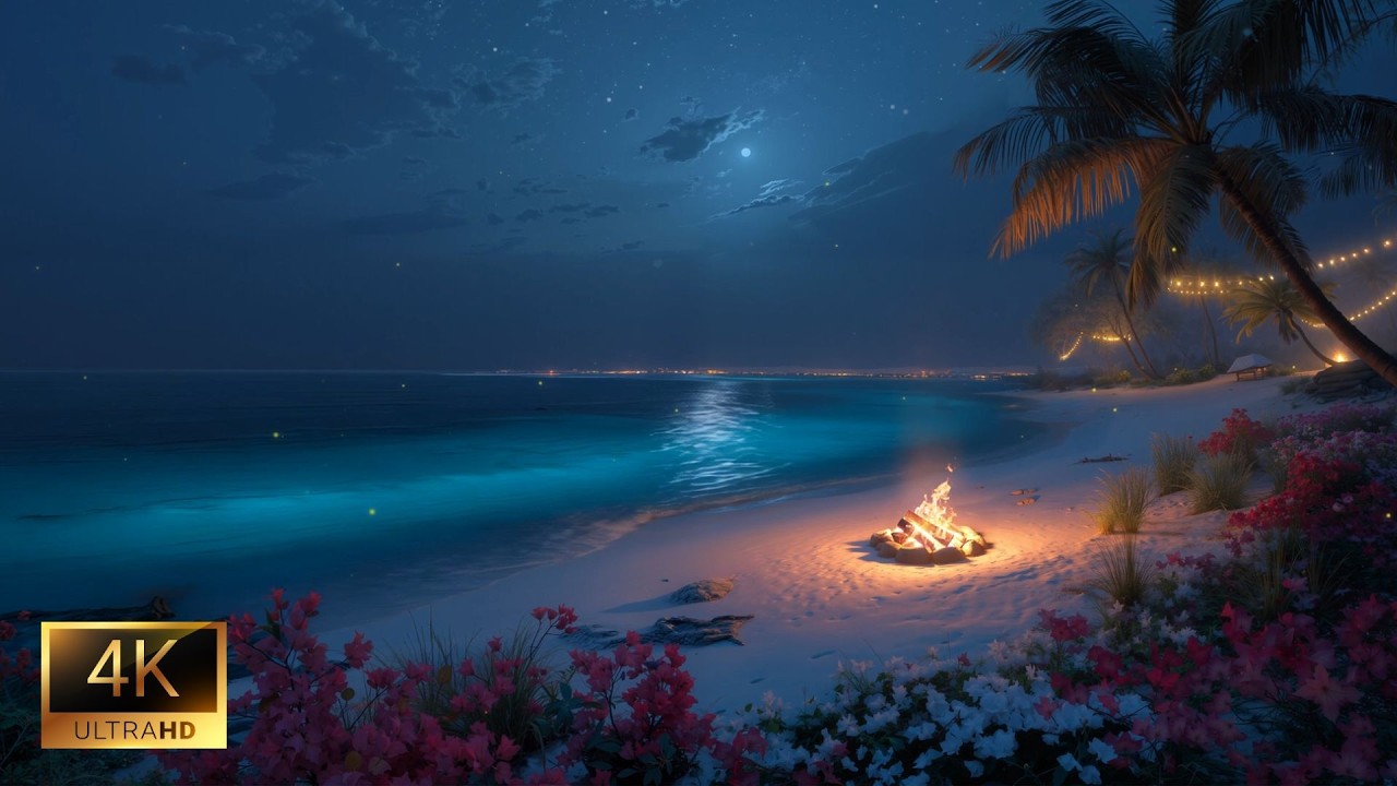 Soothing Ocean Waves (No Ads) • Crackling Fire Night ASMR Sounds