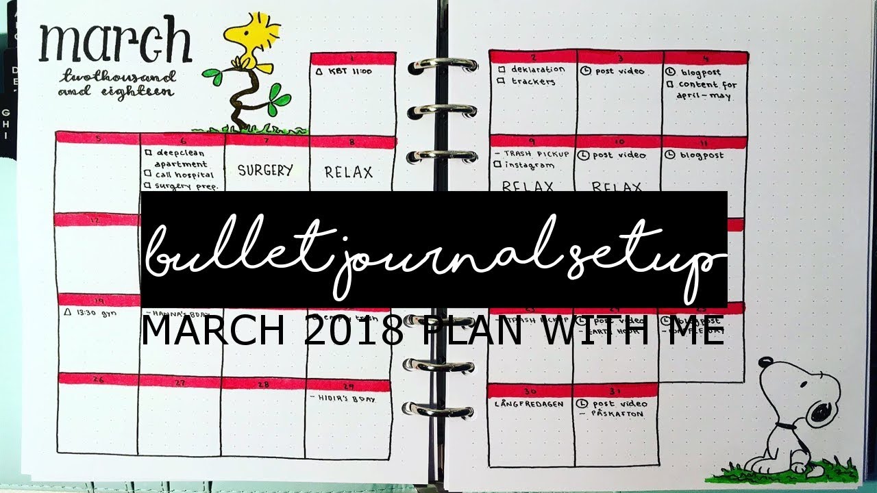 MARCH 2018 Bullet Journal Setup & February FLIPTHROUGH // PLAN WITH ME // Snoopy & Woodstock