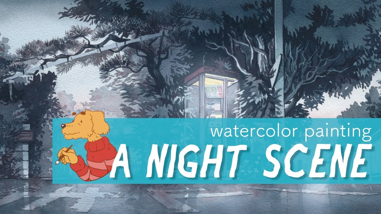 Watercolor painting a night scene