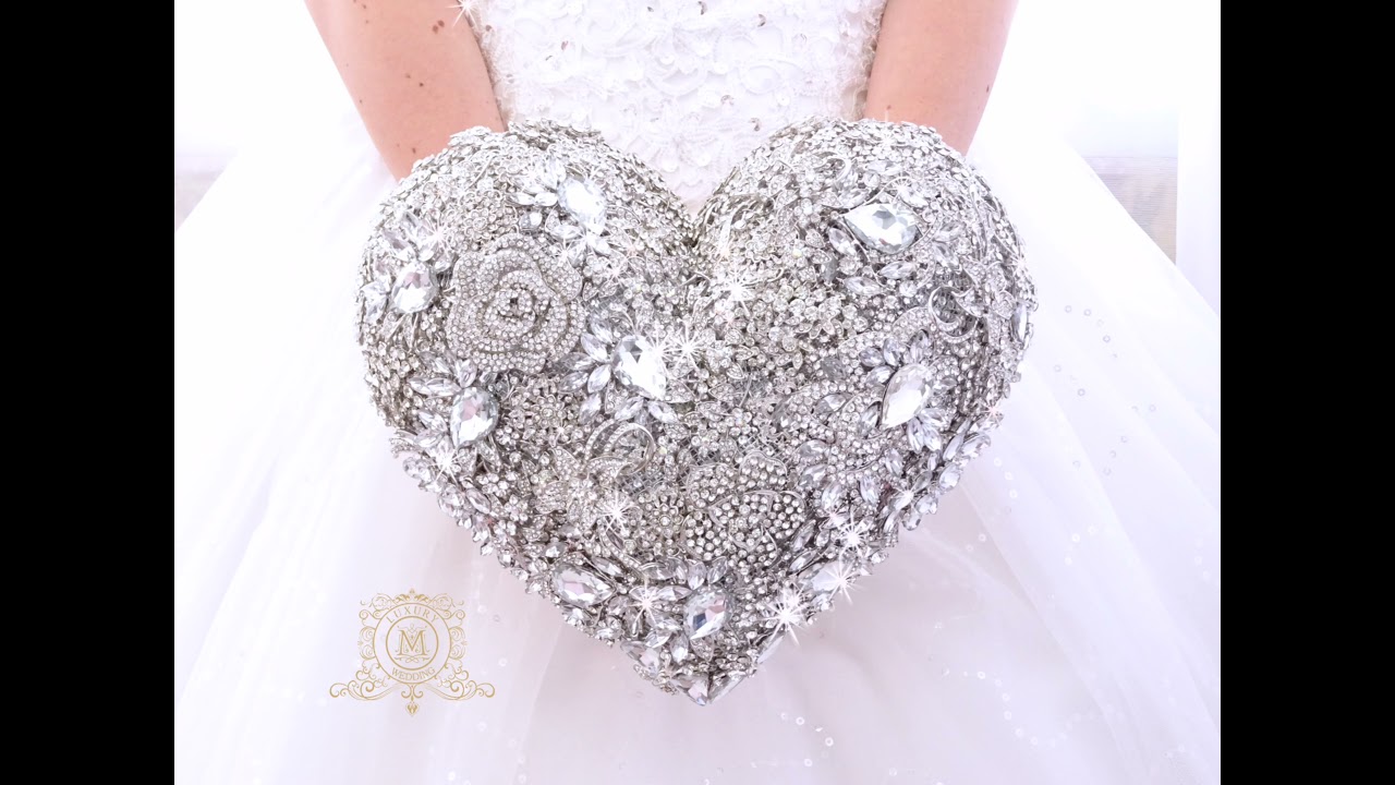 Heart shaped BROOCH BOUQUET, silver full jeweled. Etsy www.memorywedding.etsy.com