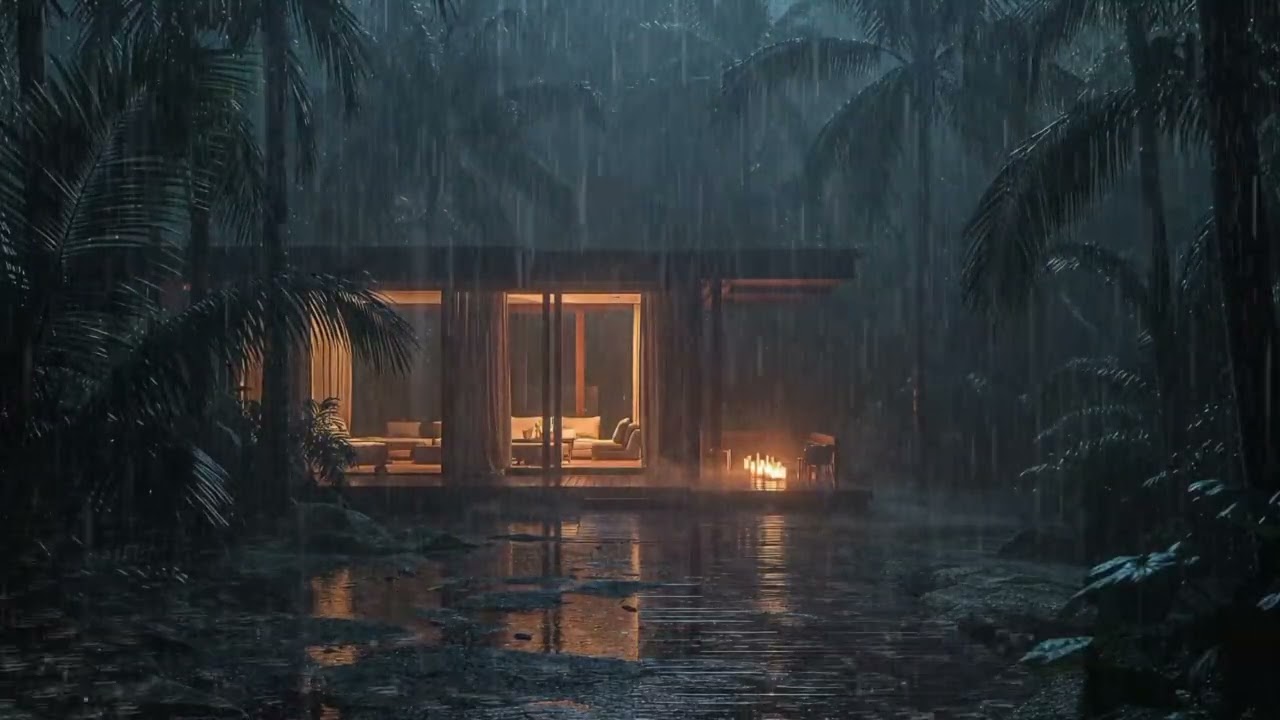 Tropical Rainstorm Night 🌧️ Cabin Ambience for Sleep, Study & Anxiety Relief