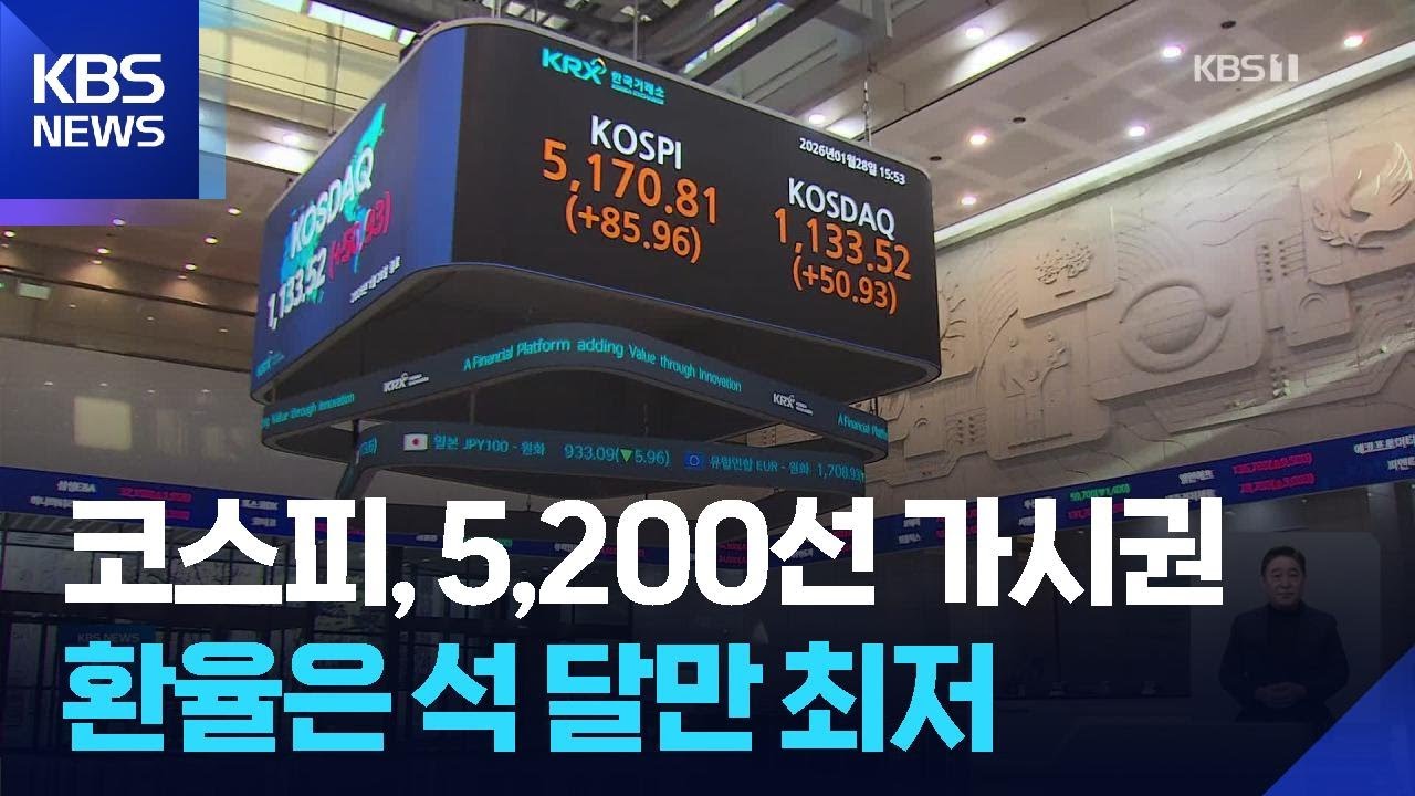 코스피, 사상 최고치 경신하며 5,200선 가시권…환율은 석 달 만 최저 / KBS  2026.01.28.