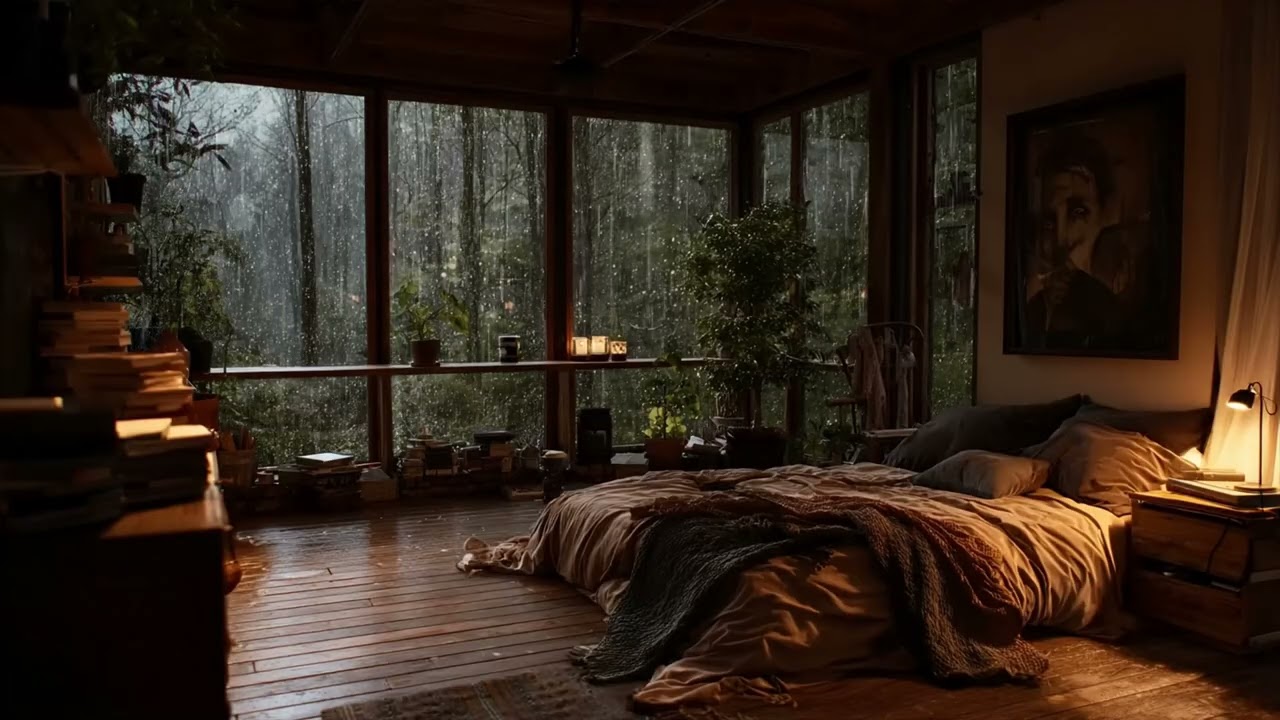 Heavy Rain Ambience 🌧️ Mountain View Bedroom with Rain on Deck at Night