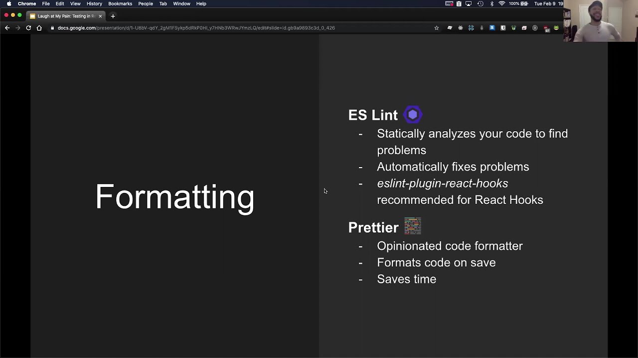 Tools for Formatting and Type-Checking Your Code (Testing in React) - ReactJS Dallas snippet