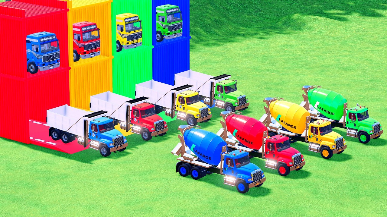 Garage with Colors - ALL MIXER TRUCK WITH DOUBLE FLATBED TRAILER TRUCK, KOMATSU, INTERNATIONAL, MAN