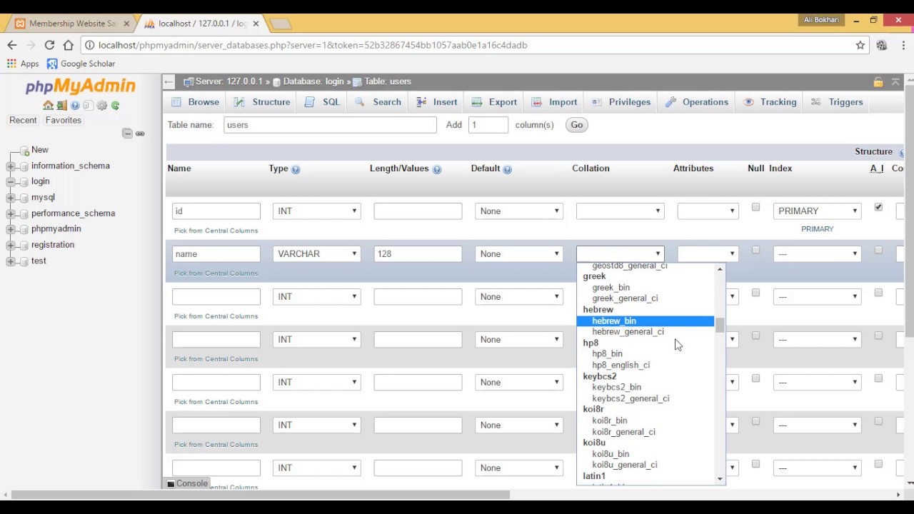 How to create database using phpmyadmin for login form
