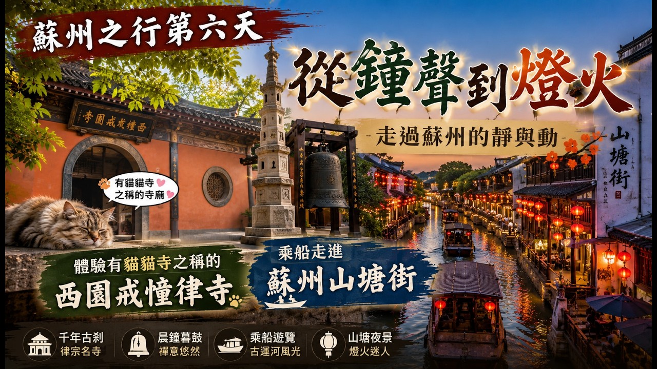 《蘇州之行第六天》從鐘聲到燈火｜體驗有貓貓寺之稱的西園戒幢律寺，然後乘船走進蘇州山塘街，走過蘇州的靜與動