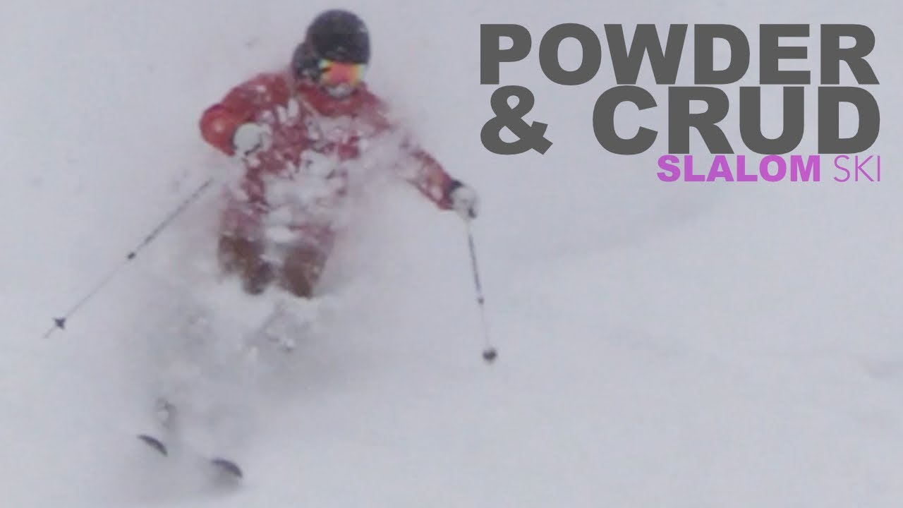 powder and crud on a slalom ski