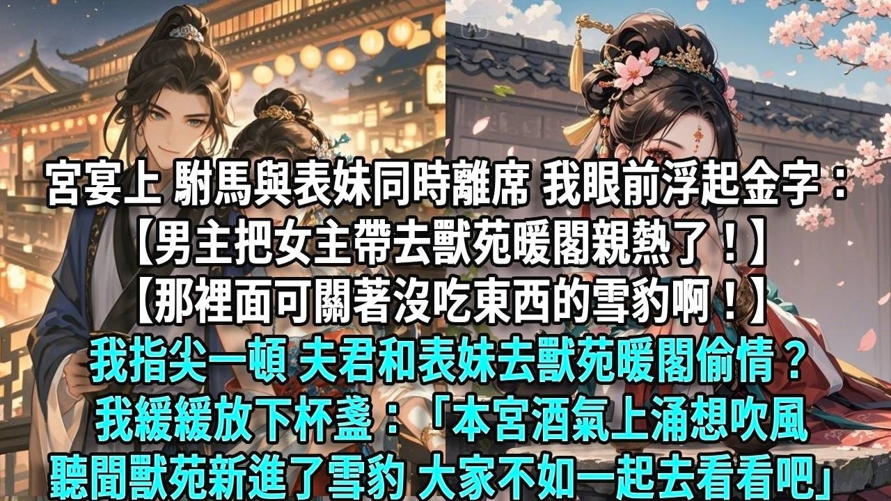 宮宴過半，駙馬與表妹同時離席，我眼前突然浮起金字：【男主把女主帶去獸苑暖閣親熱了！】【那裡面可關著沒吃東西的雪豹啊！】我指尖一頓，所以夫君和表妹去獸苑暖閣偷情？我緩緩放下杯盞：「本宮酒氣上涌想吹