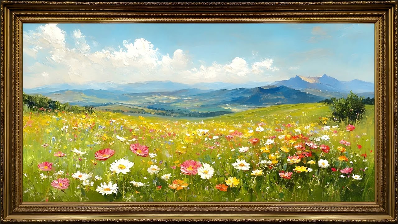 Wildflower Meadow, Vintage Oil Painting | Framed Art Screensaver for TV