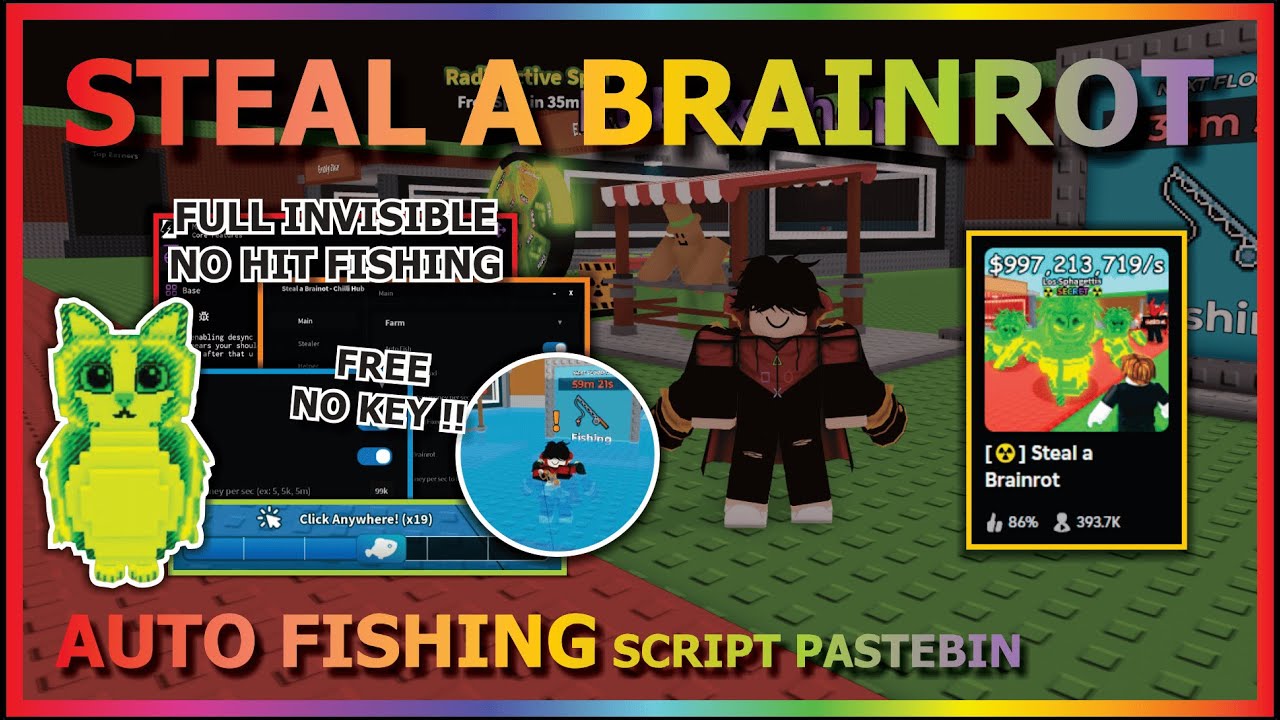STEAL A BRAINROT Script Pastebin 2025 AUTO FISHING, NO HIT, INVISIBLE, LOCK BASE, SPEED (NO KEY) ☢️