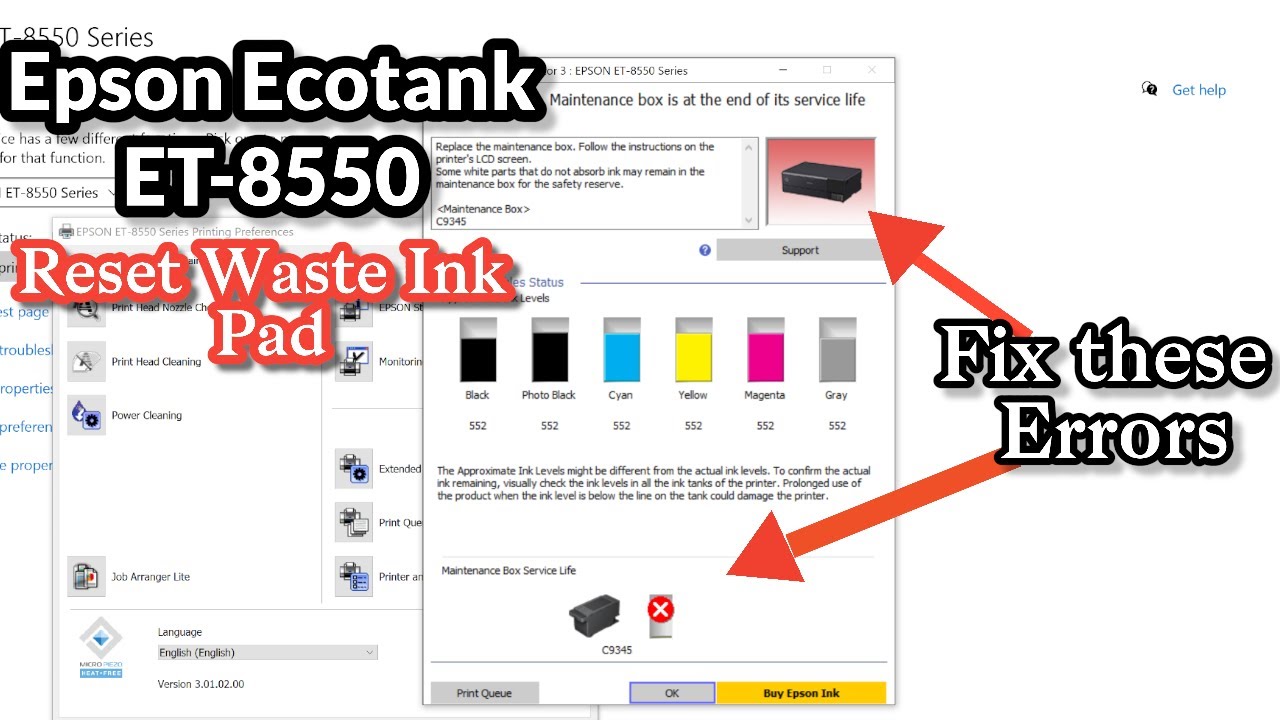 Epson Ecotank ET-8550: Reset Waste Ink Pad (Fix maintenance box is at the end of its service life)