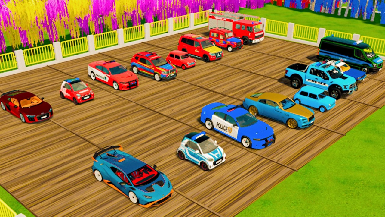 TRANSPORTING CARS, AMBULANCE, POLICE CARS, FIRE TRUCK OF COLORS! WITH TRUCKS! - FS 22