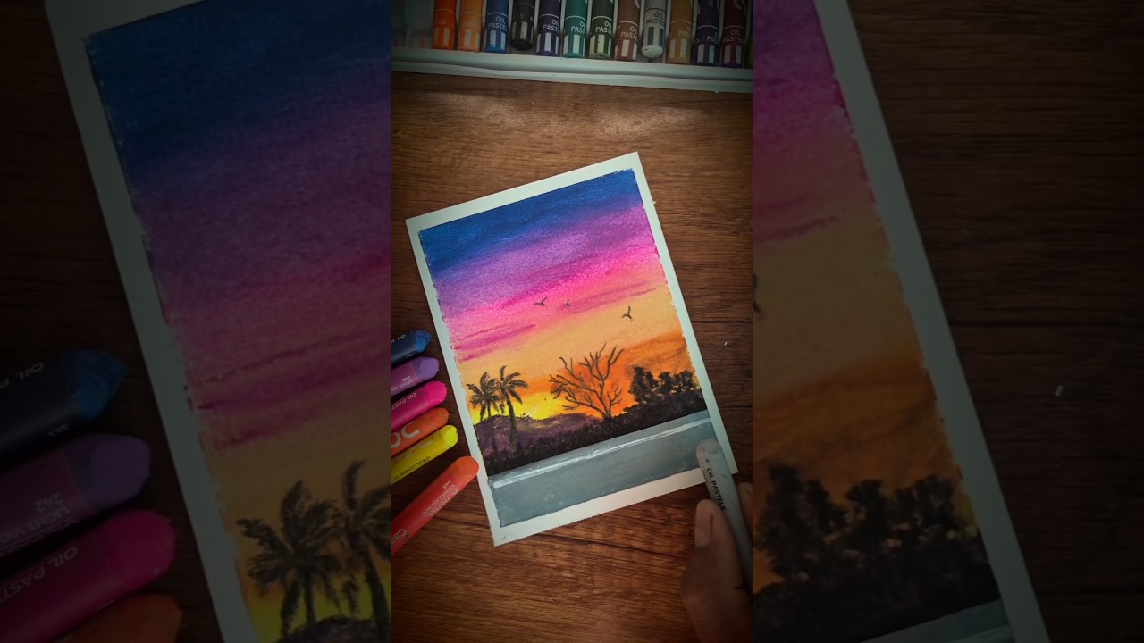 Easy Sunset Scenery Drawing with Oil Pastels 🌅 | Step by Step for Beginners #sunset #shorts #art