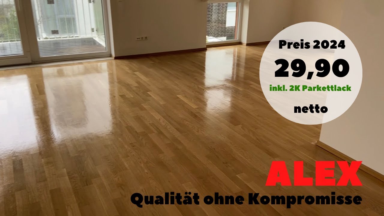 Parkett schleifen und lackieren mit 2k Parkettlack. Tel. 015753143575 ALEX Parkettsanierung.