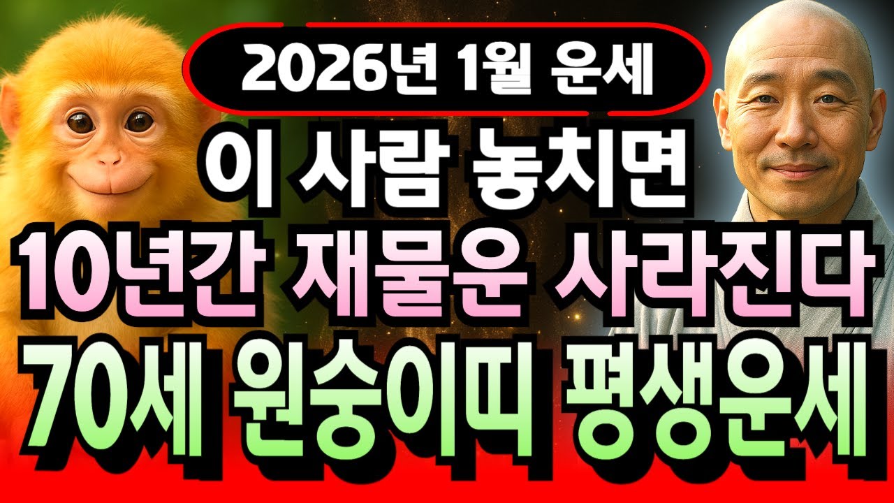 원숭이띠 운세 병신년생 2026년 1월 1956년생 70세 횡재 쏟아진다! 돈줄 열리고 큰돈 쌓이는 한 달, 원숭이띠 부자 DNA 터지는 재물 흐름 지금부터 시작됩니다.