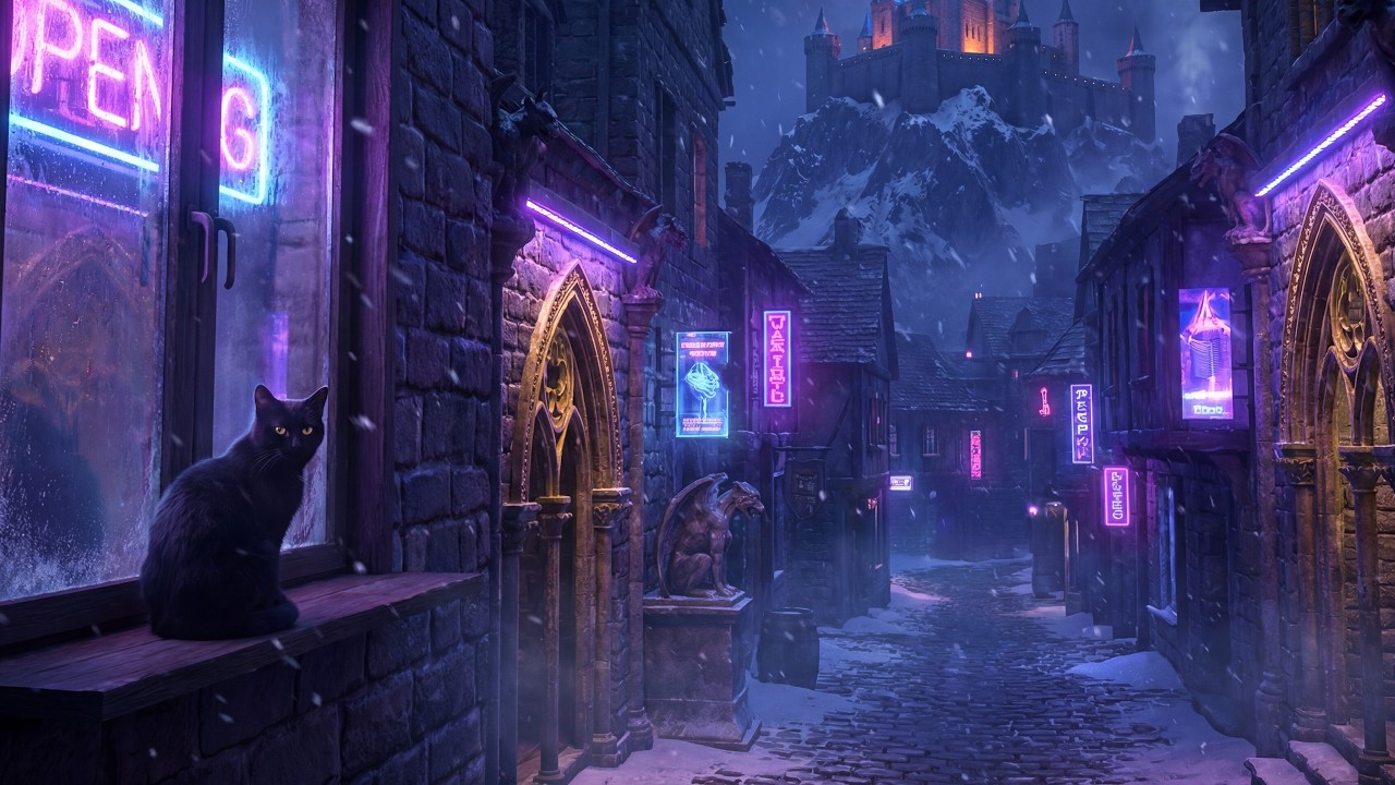 Quiet snowy night 🏰❄️ Cyber Fantasy Alley Ambience: Snowfall & Lofi Jazz