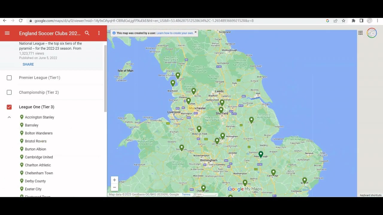 English Football Clubs Locations, and Leagues Google Map