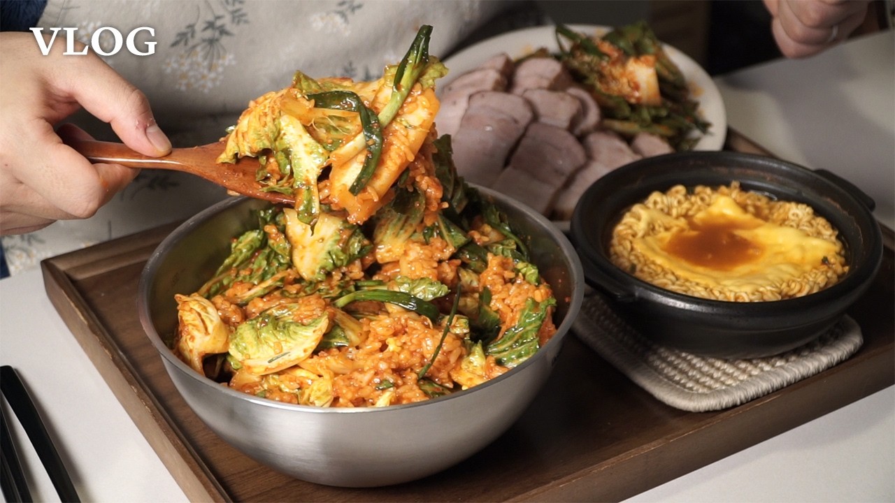 삼겹살보다 맛있는 건 반칙이지.. 🌱 봄동비빔밥 양푼 가득 비벼서 와구와구 | BHC와 신라면알리오올리오, 야채곱창, 명절요리 게장, 갈비, 가마타마 우동 | 먹방 요리 브이로그
