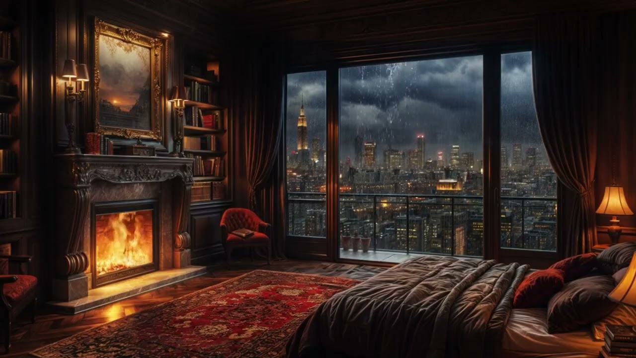 🔥🌧️⚡Fireplace & Rain Sound with Thunder 4K (10 Hours) | Odun Ateşi ve Gök Gürültülü Yağmur Sesi ⚡🌧️🔥