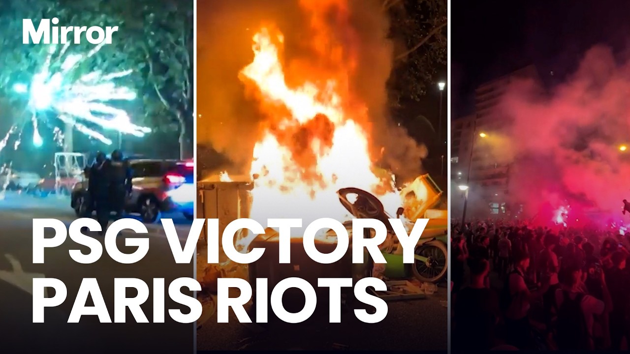 PSG fans launch FIREWORKS and sets bikes on FIRE during celebrations in Paris as Police arrest 45
