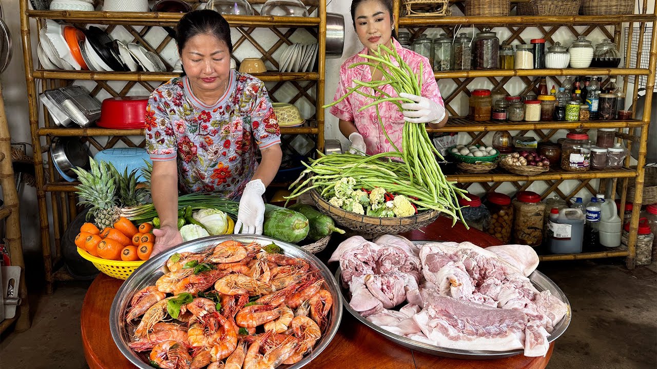 Amazing cooking skills: Tiger shrimps, pork. vegetable cooking - Family food cooking