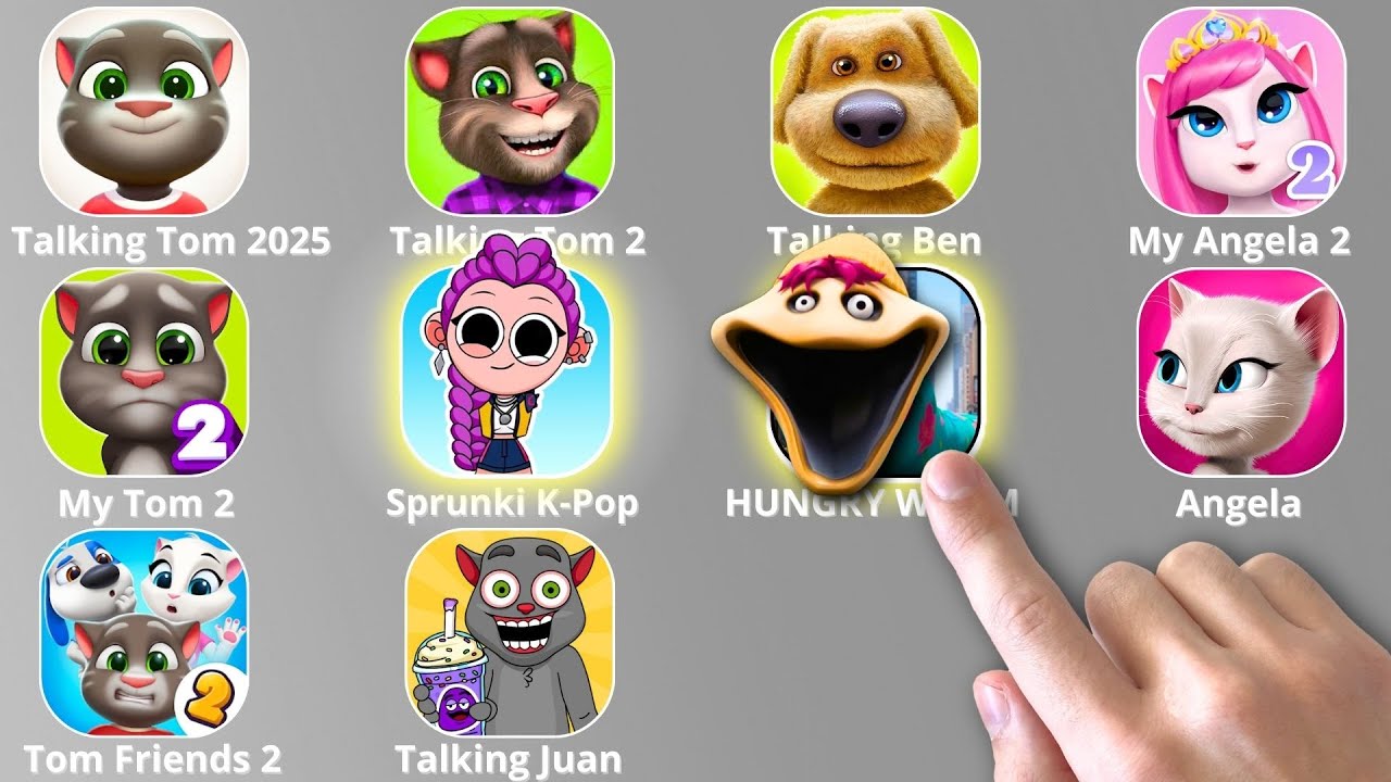 Talking Tom,SLAP TOWER,Roblox,HUNGRY WORM,Talking Ben,Sprunki,KPop Demon Hunters,My Talking Angela 2