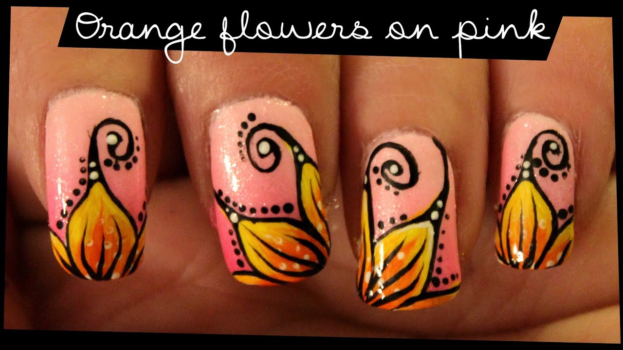 Orange Flowers on Pink nail art