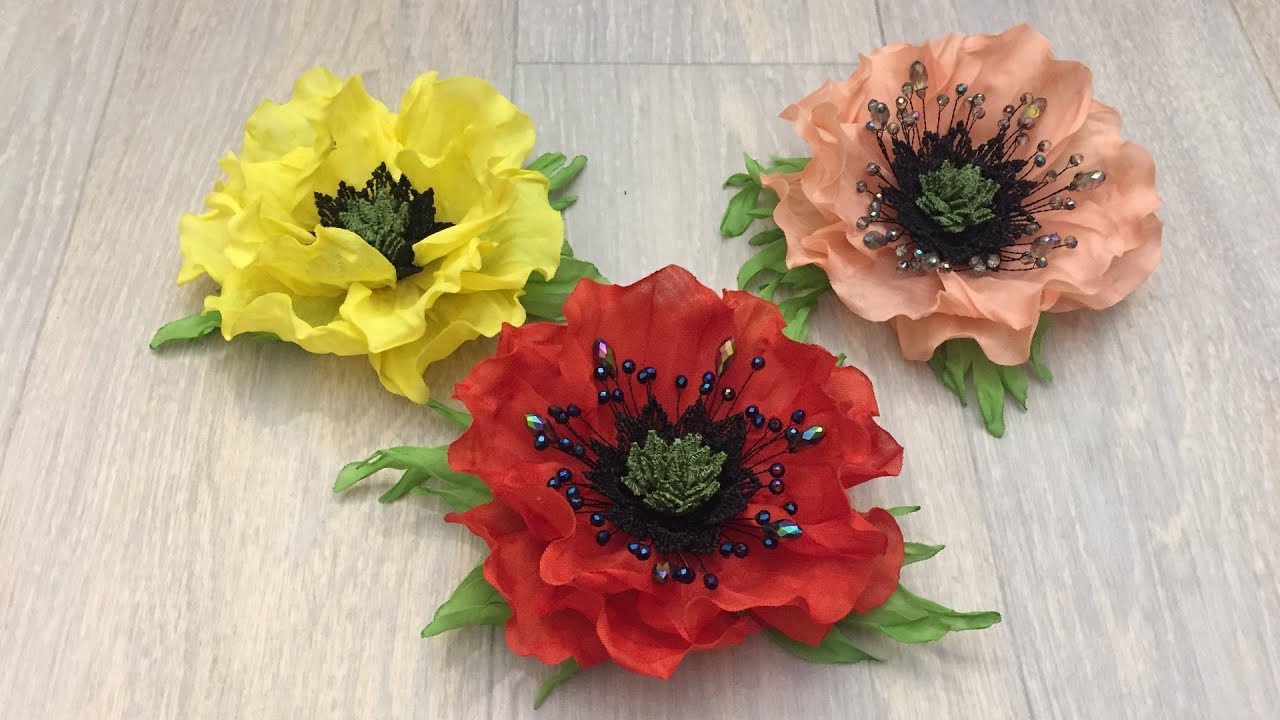 Poppy of synthetics chiffon.DIY/Amapola de gasa sintética/Мак из синтетического шифона