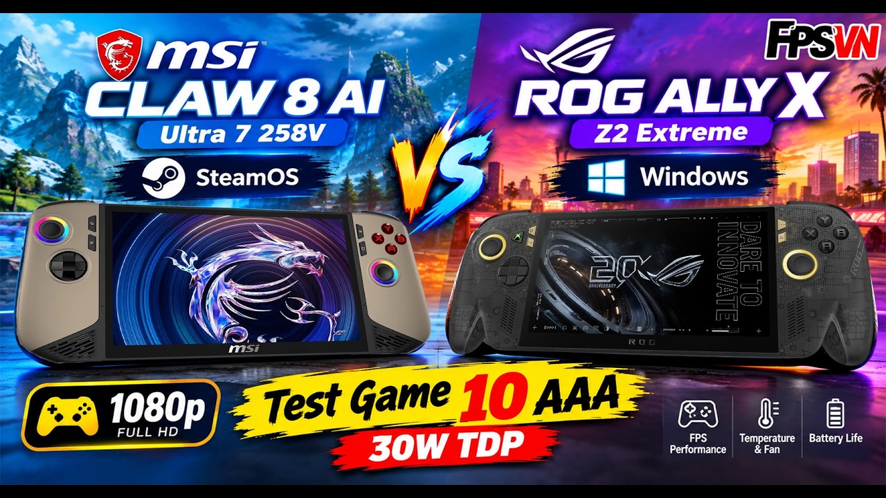 MSI Claw 8 AI (Ultra 7 258V) vs ROG Ally X (Z2 Extreme) | Test Game 1080p 30W (SteamOS vs Windows)