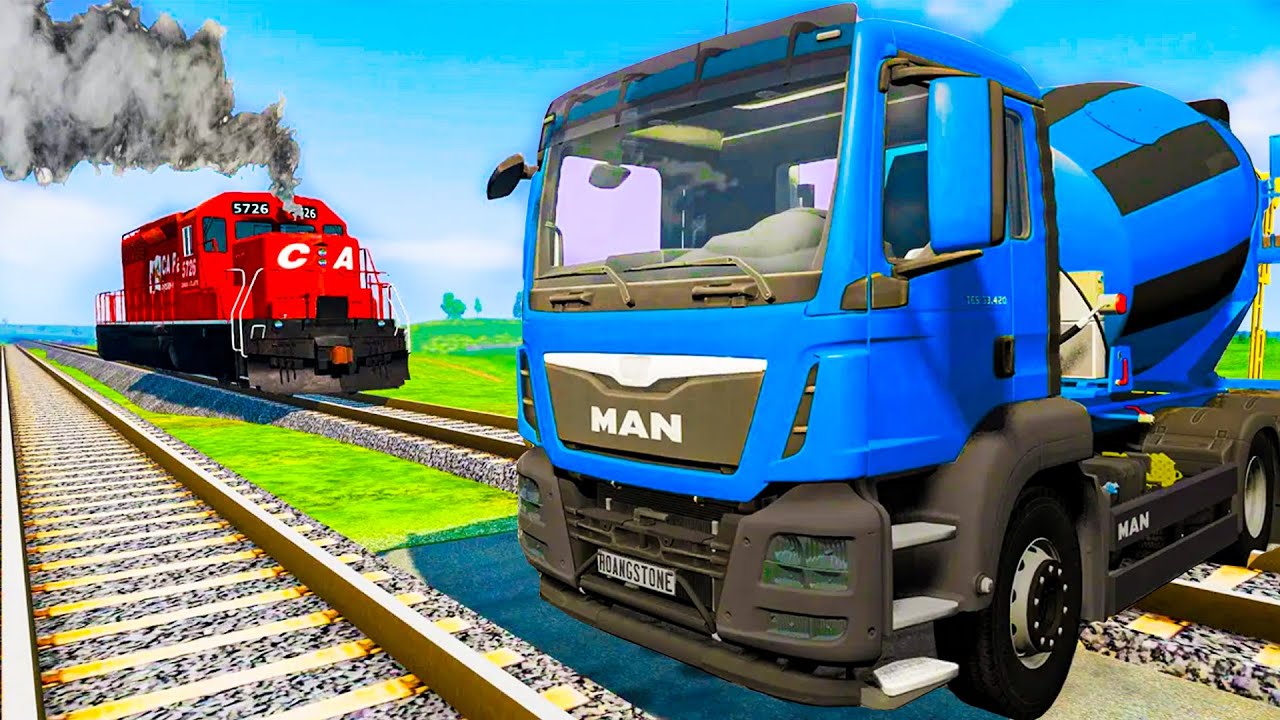 Truck Rescue Stuck Cars and Trains   Cars Crosses Road vs Deep Water #1   BeamNG Driveaa