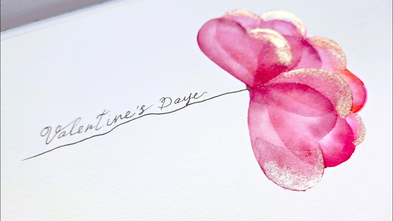 Painting EASIEST Transparent Pink Heart Flower with Watercolor - Valentine's Day Card