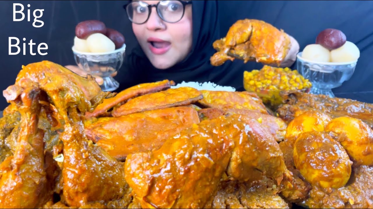 EATING CHICKEN LEG PIECE WITH RICE,EGG CURRY,DAL VUNA,FISH CURRY,BRINJAL FRY & SWEETS | messy eating