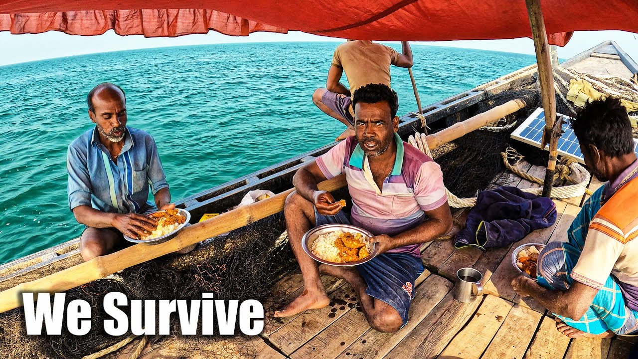 We survive cook and eating crabs, pulled the nets from the sea into the boat and caught fish