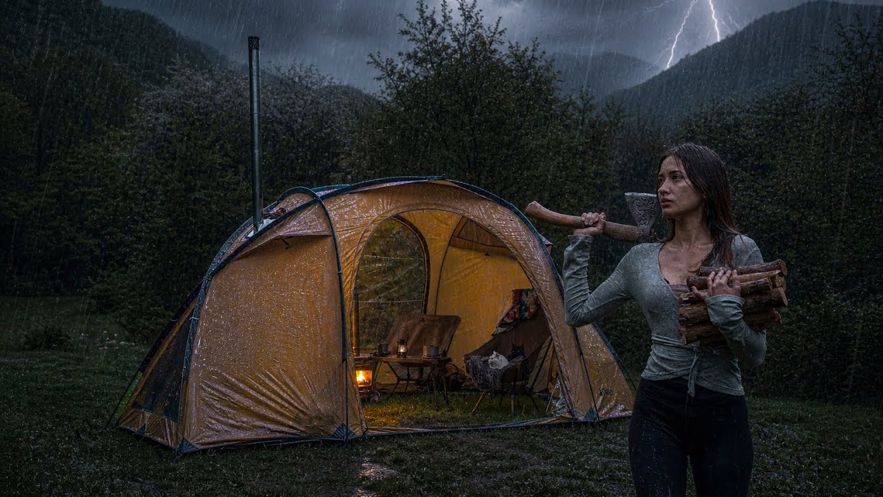 Camping in Heavy Rain ⛈️ Cozy Tent Night with My Cats