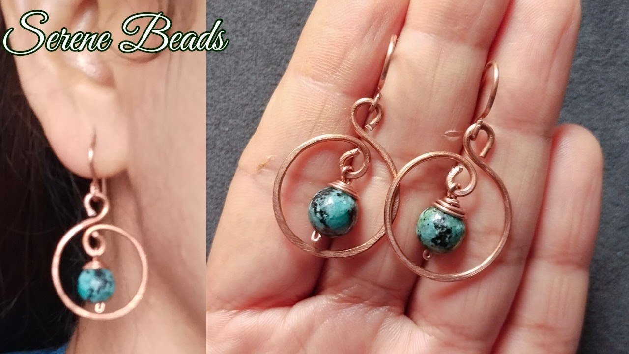 Wire wrapped hoop earrings with stone bead | Wire earrings | Copper wire hoop earrings
