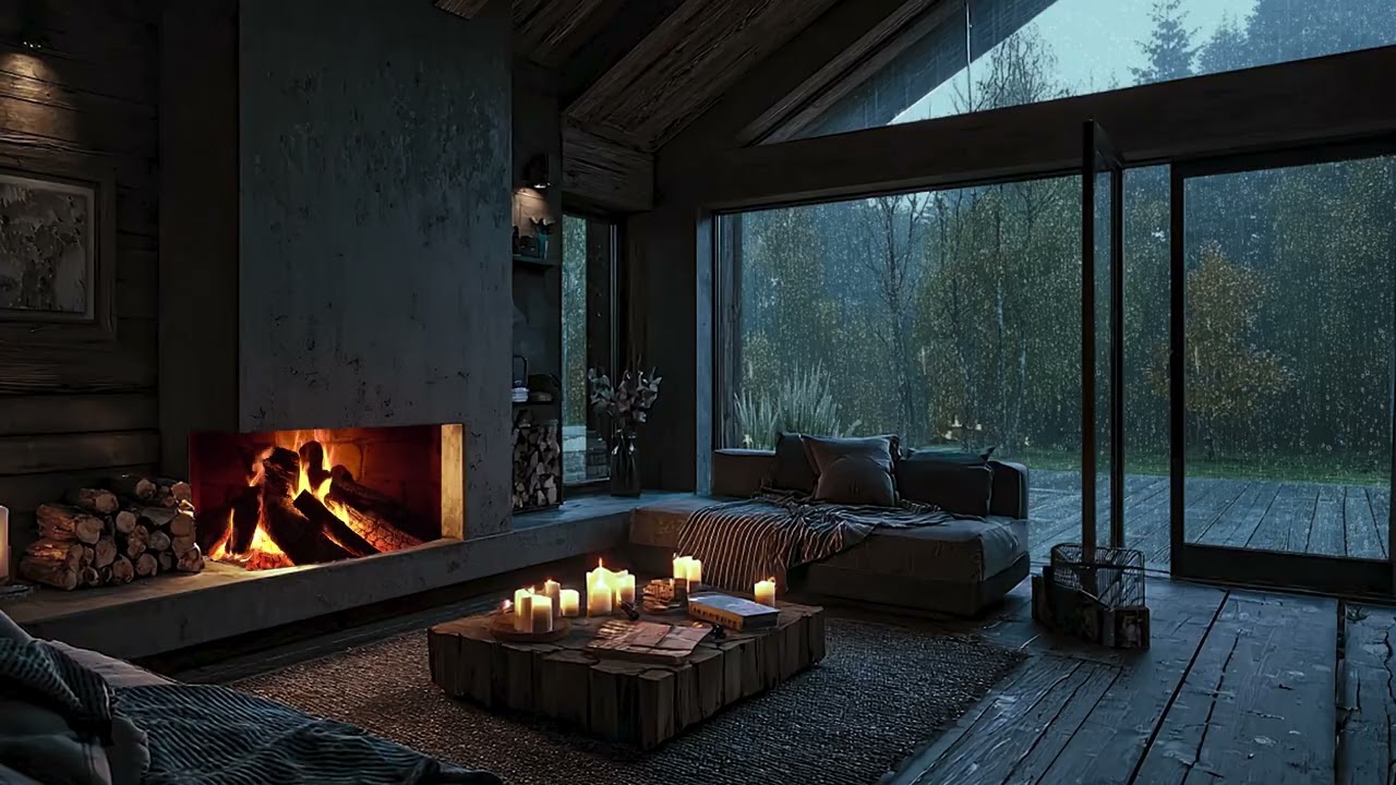 Cozy cabin fireplace rain sounds calming night ambience