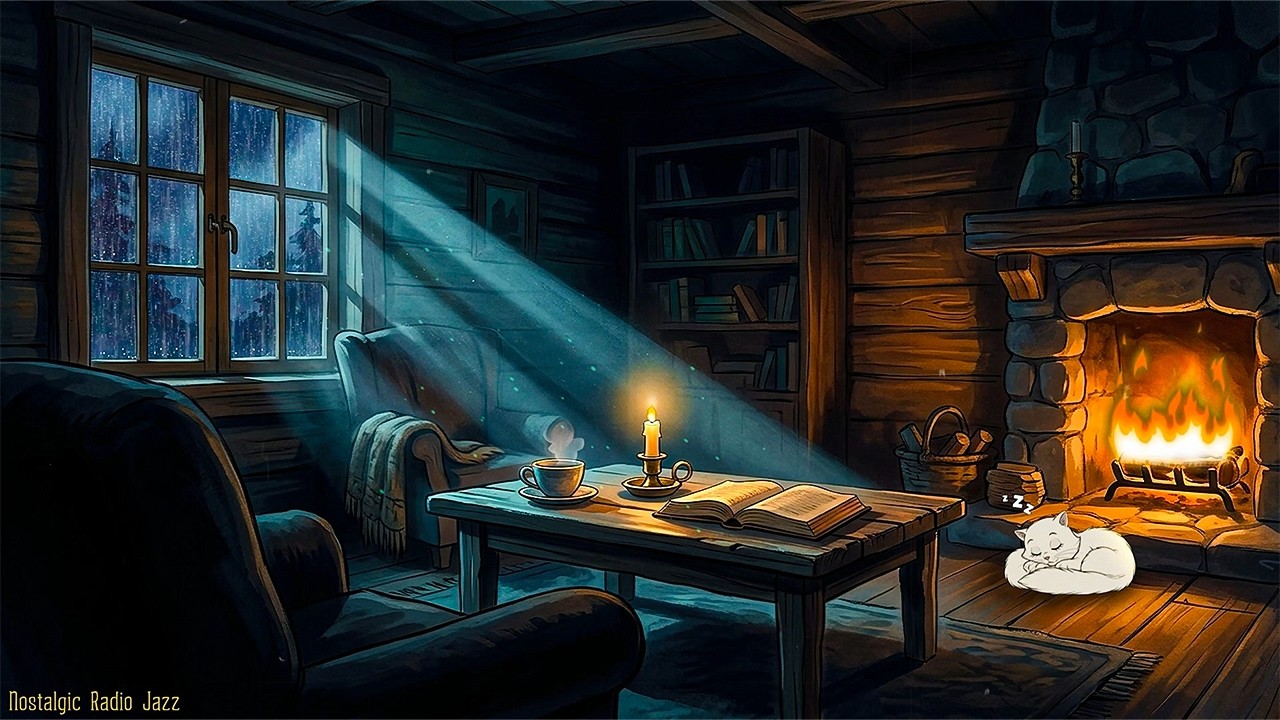 a rainy night in 1940's and you're listening to vintage music on cottage | fireplace & rainy sounds