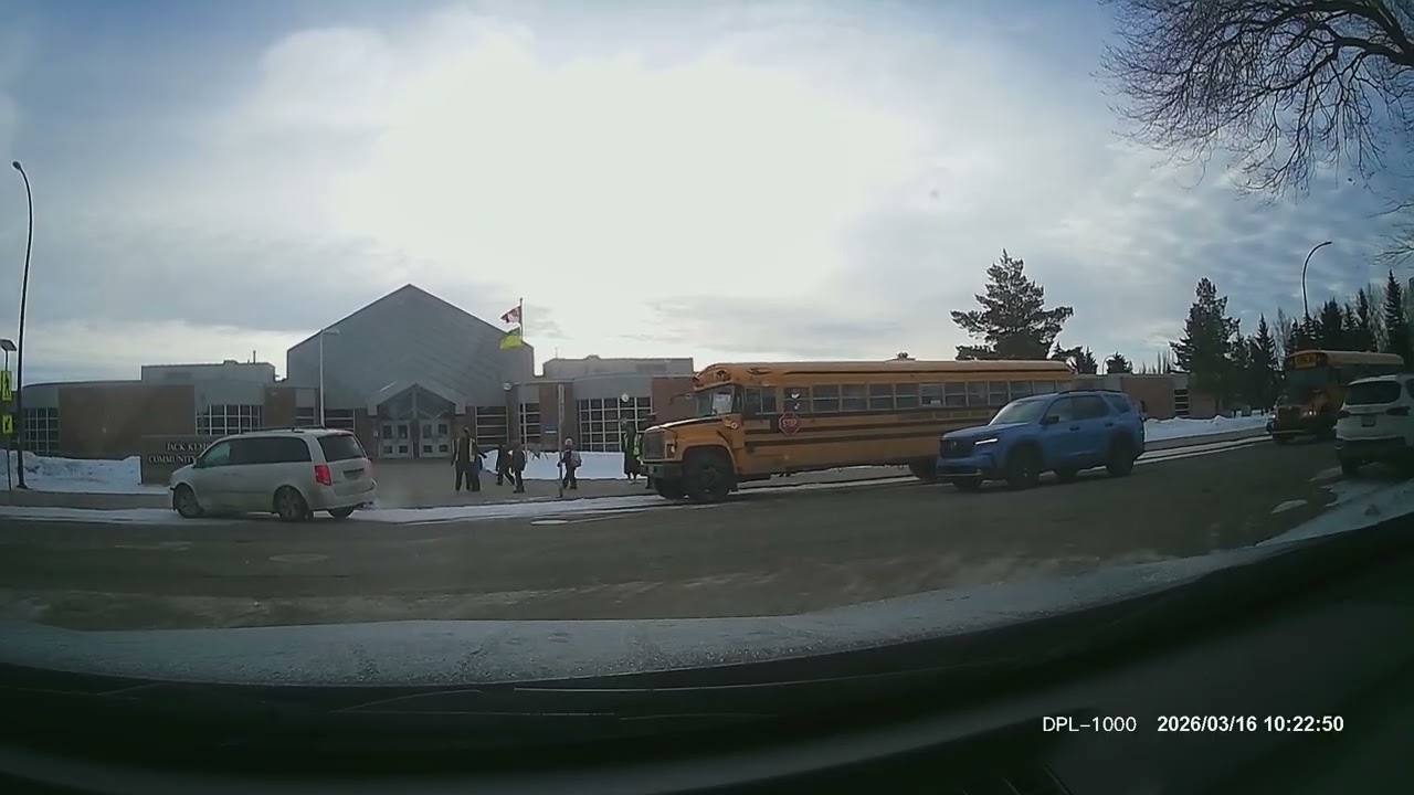 Wrong-Way Driver Nearly Hits Child at Jack Kemp School | Lloydminster Dashcam