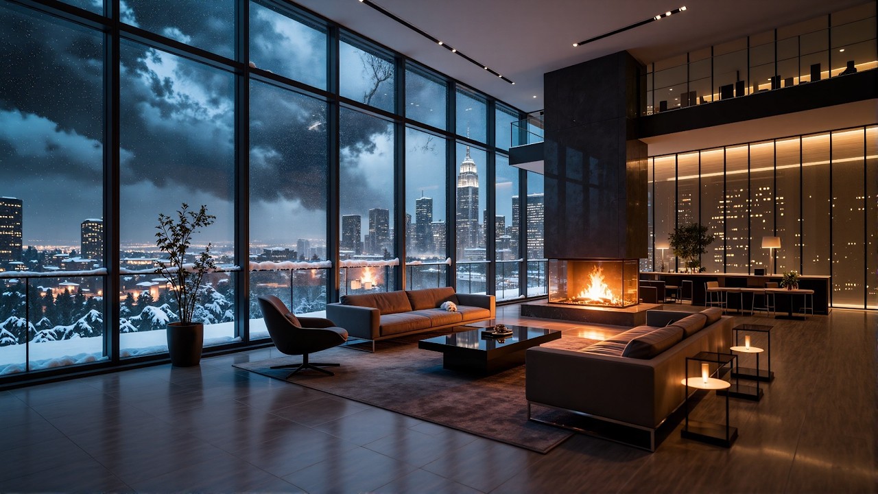 Cozy Fireplace Ambience 🔥 Winter Storm in a Luxury Penthouse (Sleep & Relaxation)