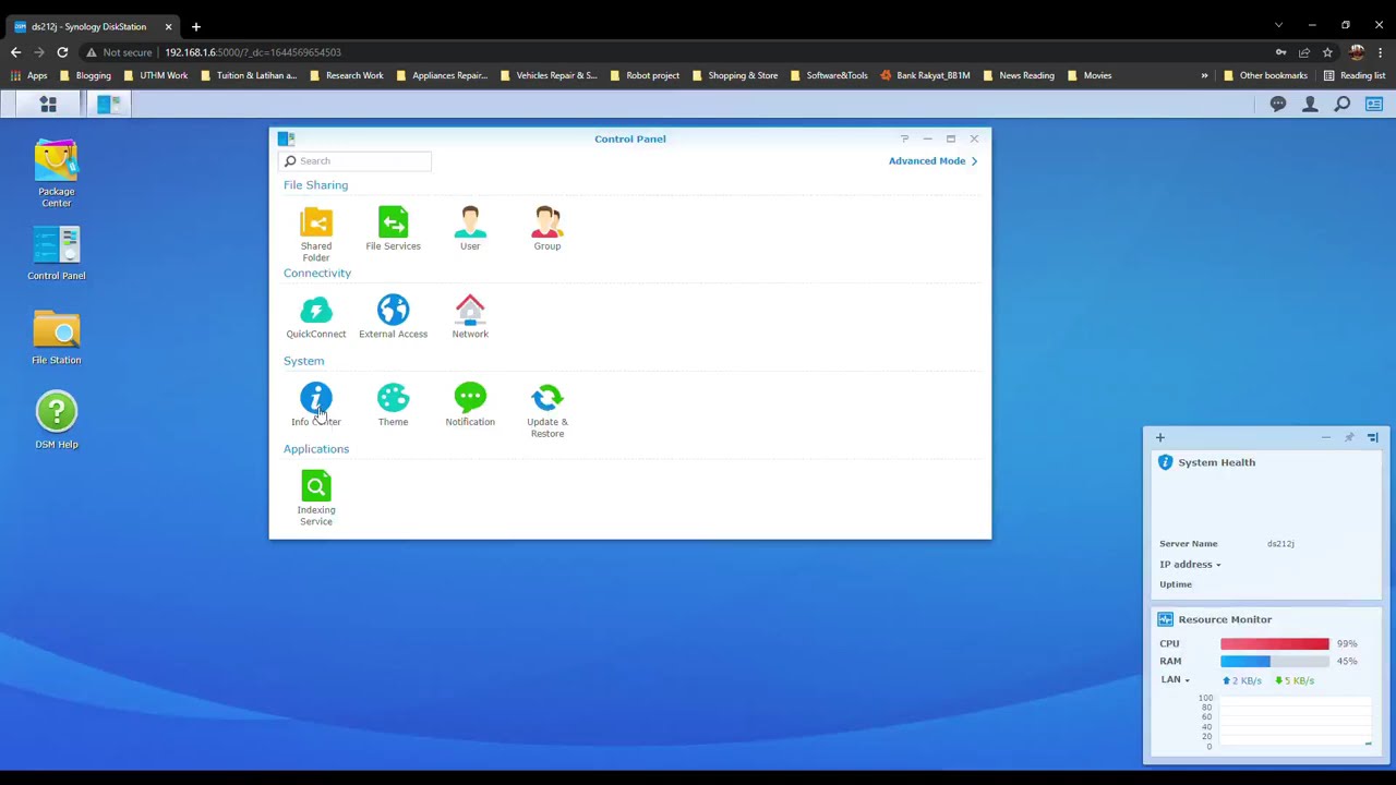 Synology DS212j system interface, control panel dan application