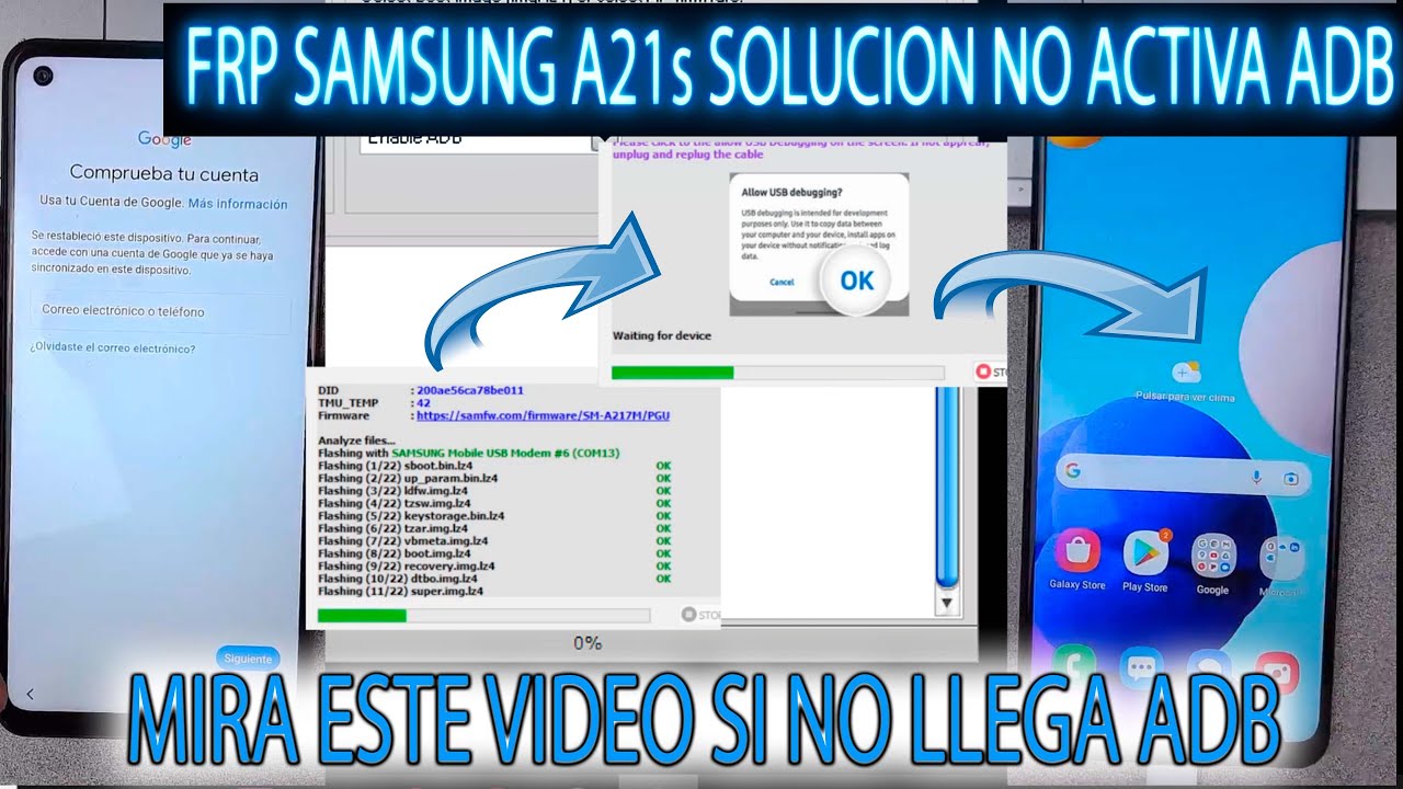 FRP SAMSUNG A21s SOLUCION NO LLEGA MENSAJE ADB QUITAR CUENTA GOOGLE ULTIMA SEGURIDAD A217M