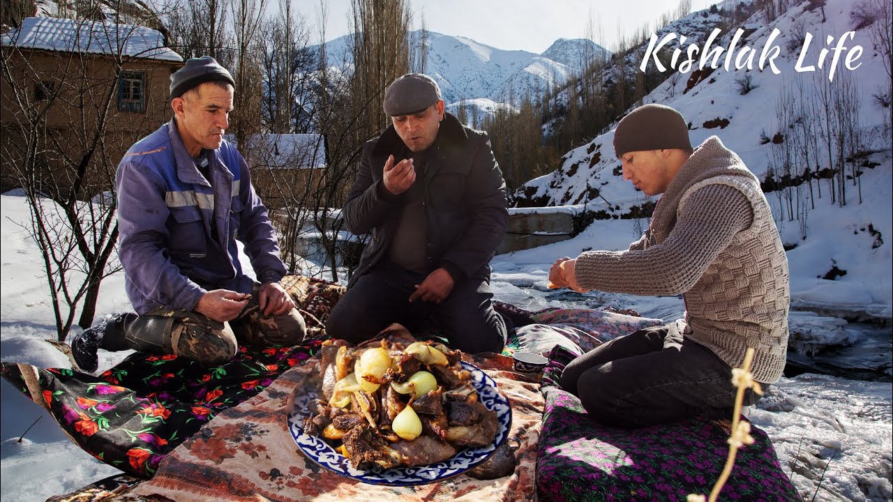 Steamed vegetable dish with beef at the old water mill | cooking in mountainous nature in winter