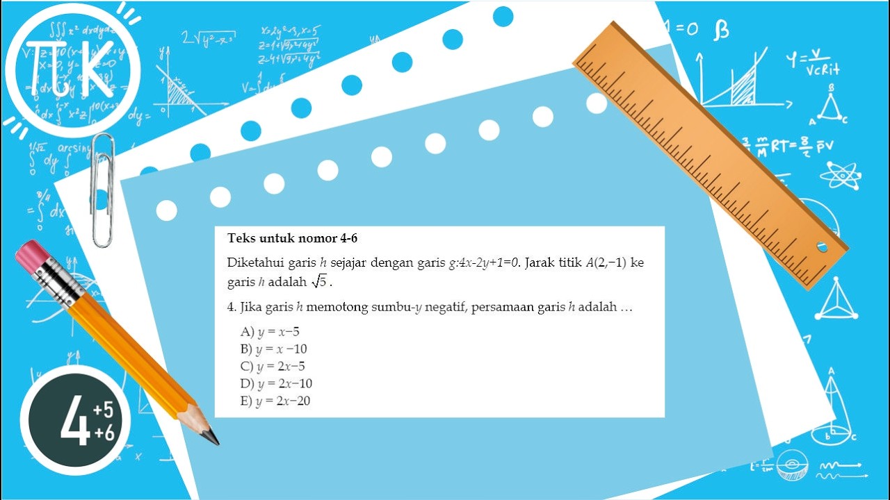 Diketahui garis h sejajar dengan garis g:4x-2y+1=0. Jarak titik 𝐴(2,−1) ke garis ℎ adalah √5.