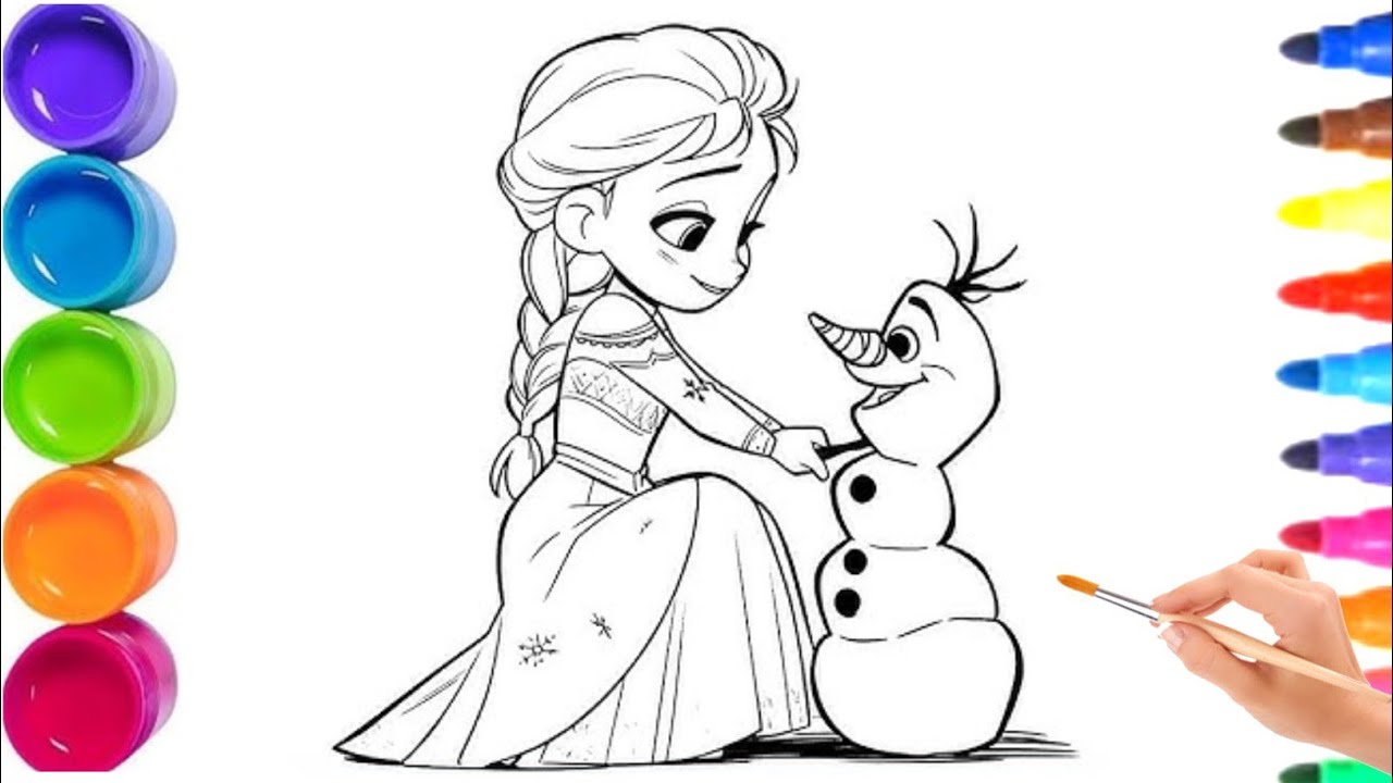 Милый рисунок Эльзы, играющей с Олафом, для детей 🌈⛄ Раскраски с принцессой Эльзой для детей и ма...